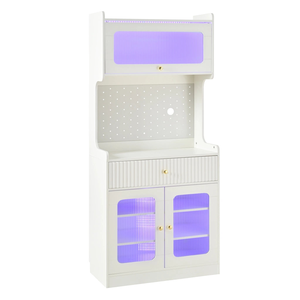 Credenza alta con 1 cassetto, ripiani regolabili, LED e vetrina per cucina, soggiorno e sala da pranzo 80 × 40 × 180 cm