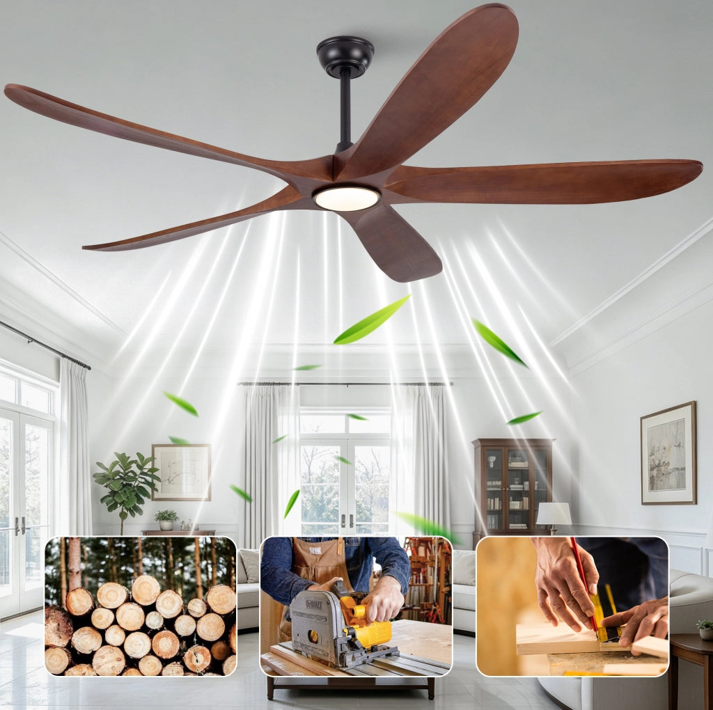 Ventilatore da soffitto 70 pollici con LED dimmerabile, 5 pale in legno massello noce e nero