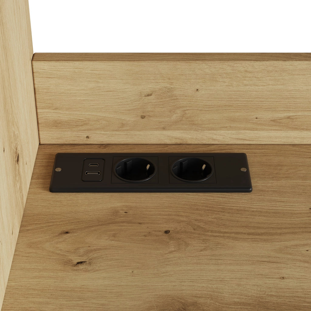 Credenza alta 120x40x178 cm con prese integrate e porte USB, effetto legno