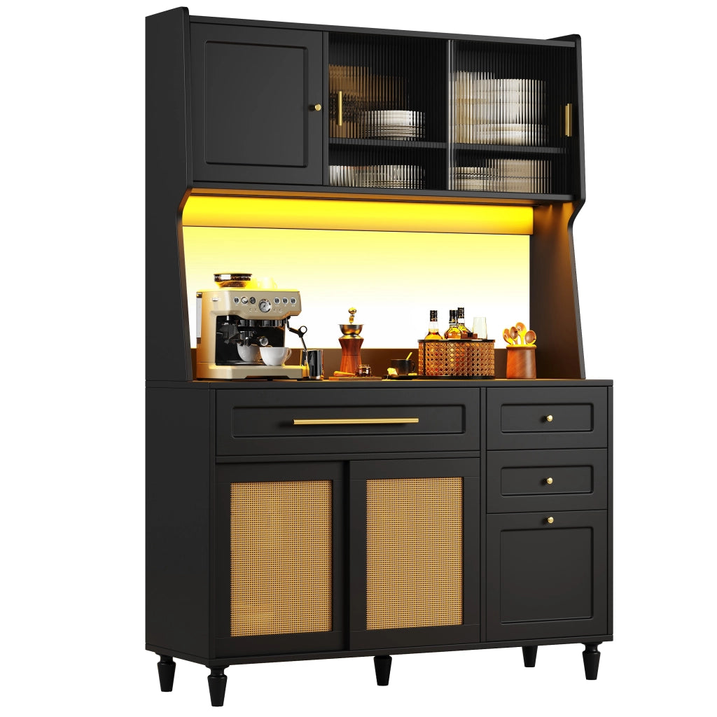 Credenza Alta da Cucina con 3 Cassetti; Ripiani Regolabili e LED; in MDF; Nero; 120x45x195;5 cm