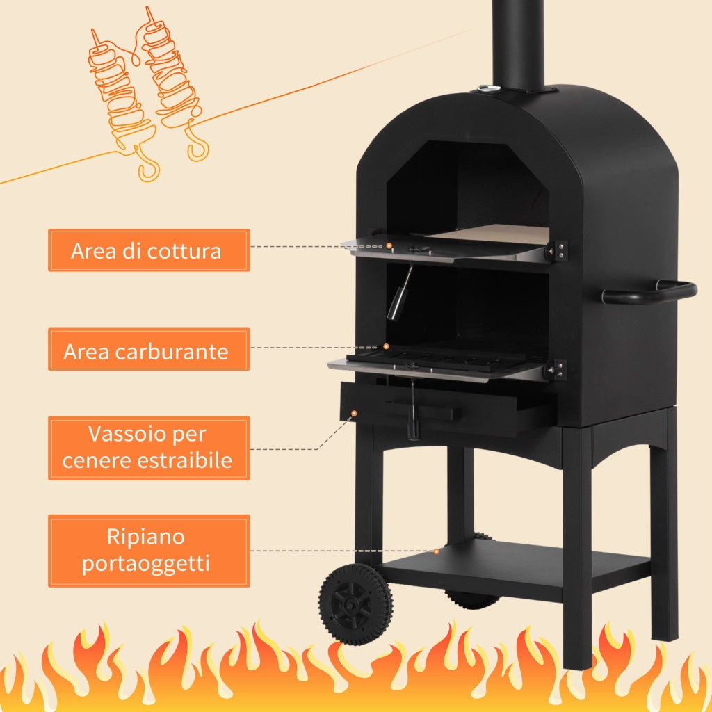 Forno per Pizza e Barbecue a Carbone Portatile in Acciaio con Camino e Ruote, 63x54x161 cm, Nero