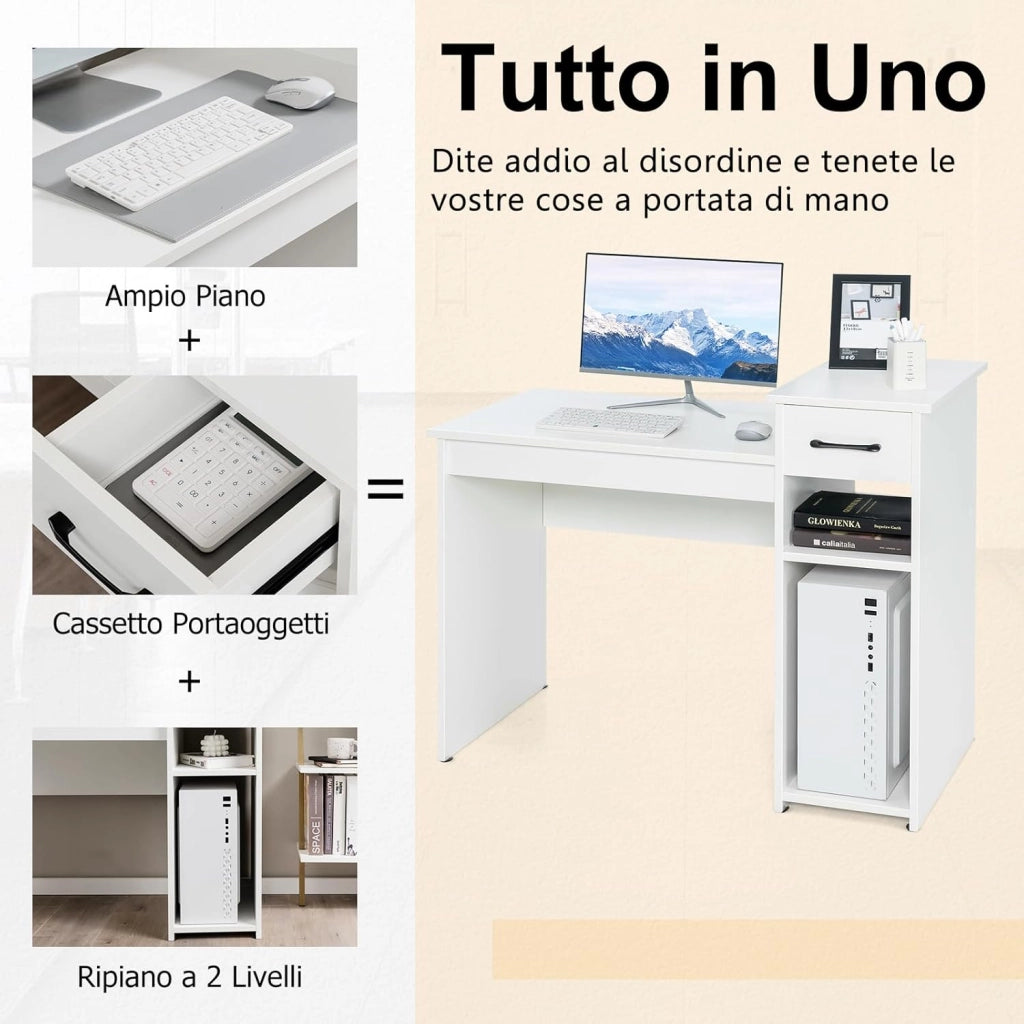 Scrivania con Cassetto, Scrivania da Computer, Tavolo da ufficio, 104 x 50 x 82cm (Bianco)