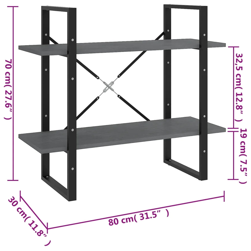Libreria a 2 Ripiani-Scaffale per Libri-Mobile di Stoccaggio Grigia 80x30x70 cm in Massello di Pino