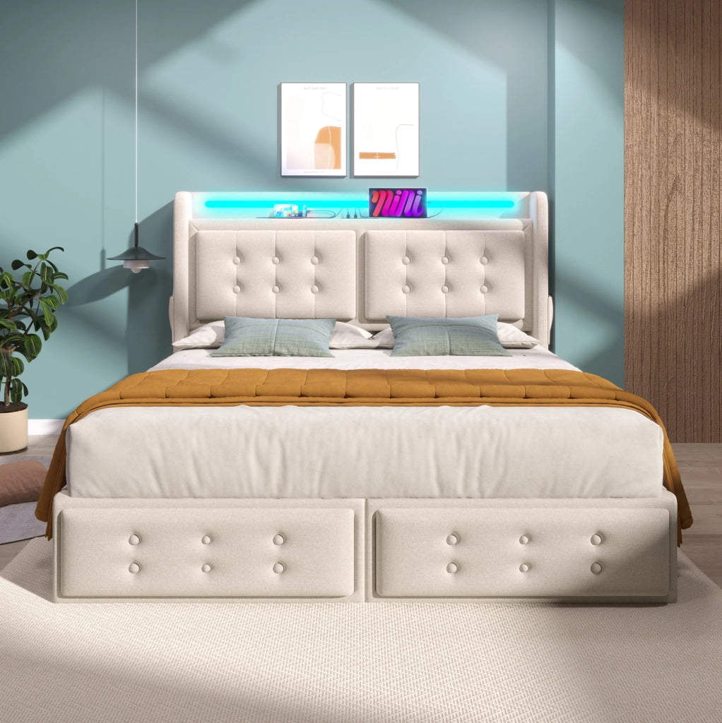 Letto matrimoniale imbottito 160x200 cm con testiera in pelle, 4 cassetti contenitori, rete a doghe in legno e struttura metallica, color beige, senza materasso