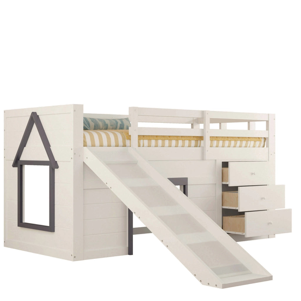 OKWISH Letto a soppalco basso 90×200 cm, Letto Singolo con Scivolo, 3 Cassetti e 2 Ante, senza Materasso, in Legno, Crema