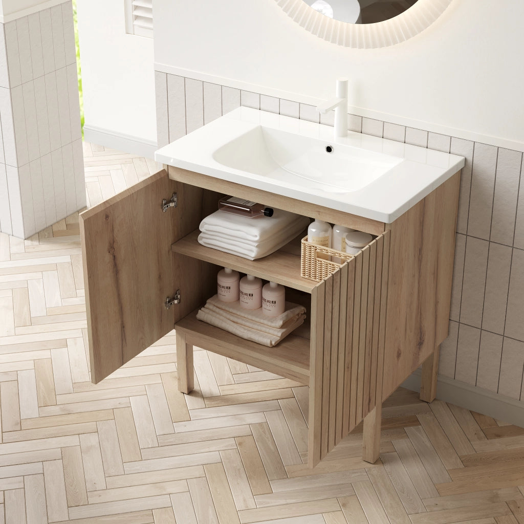 Mobile bagno con lavabo in ceramica; 2 ante e ripiano regolabile; con troppopieno; per bagno; 80.5×46.5×88 cm