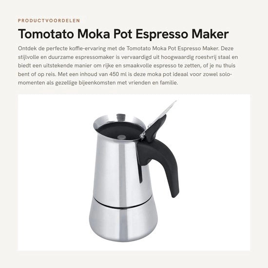 Bollitore Moka 450ml - Caffettiera in Acciaio Inox - 9 Cucchiai - Maniglia Ergonomica - Adatto per Gas/Induzione - Progettato per la Durata - Caffettiera a Stantuffo