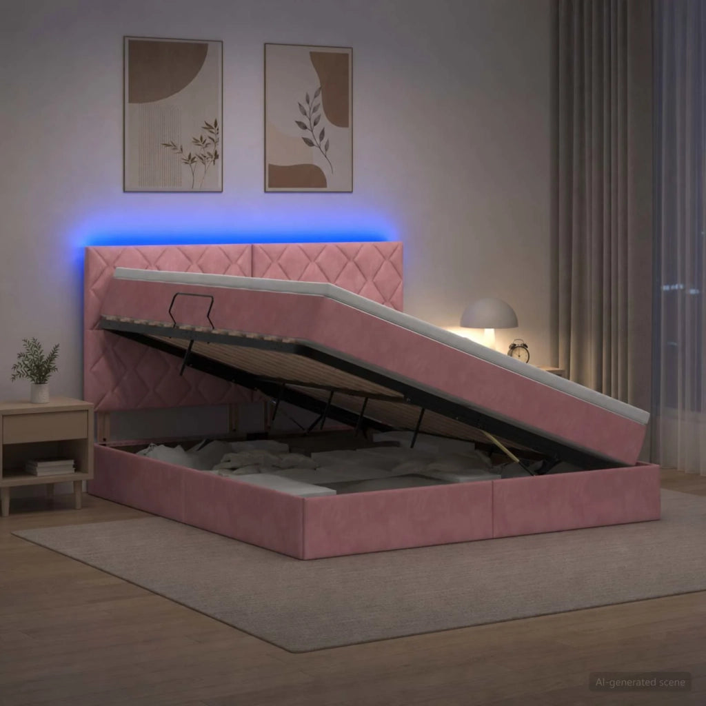Letto con contenitore LED e materasso Rosa 140 x 200 cm Velluto 3460199