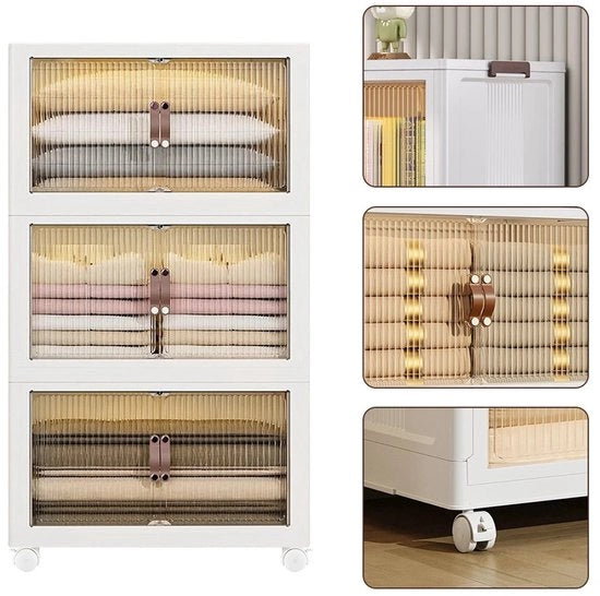 Cassa da letto 3 piani con porte, contenitori 3 piani in plastica con coperchi, stivabili, con ruote e porte