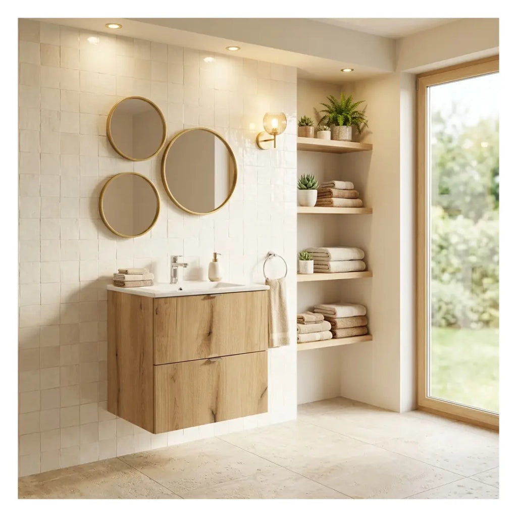 Set da bagno sospeso VANO in rovere e bianco 50cm: mobile sotto lavabo con cassetti + lavabo incassato