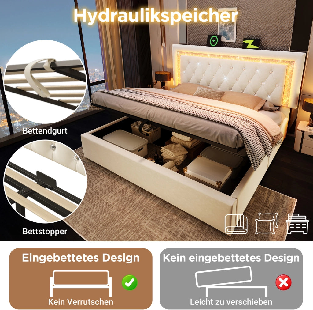 Letto matrimoniale 160x200 in velluto beige con LED e USB-C