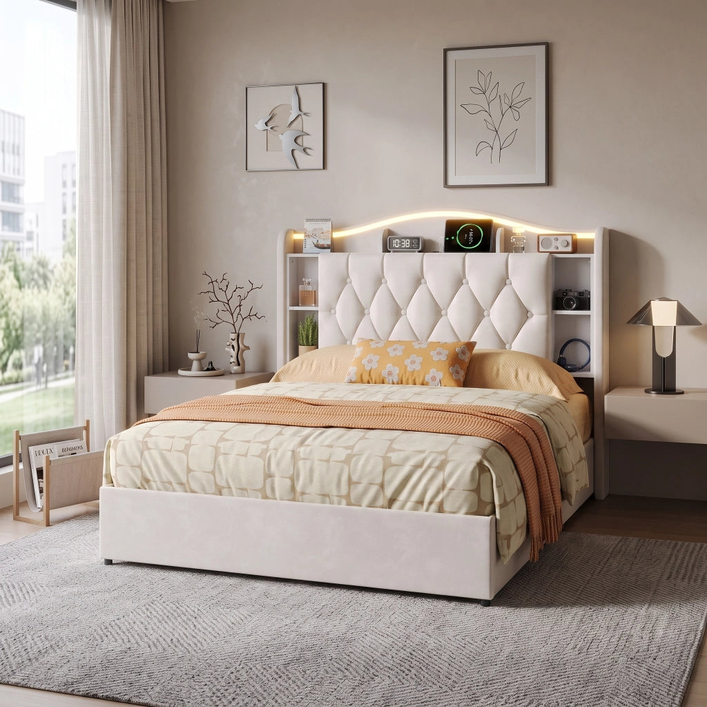 Letto matrimoniale 160x200 cm con contenitore LED RGB USB testiera rete a doghe velluto metallo legno - beige