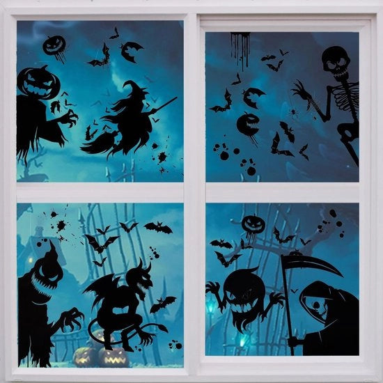 Decorazioni per finestre Halloween 8 pezzi 35x25cm Magro Heinlo Skeletto Strega Pipistrello Testa di morto
