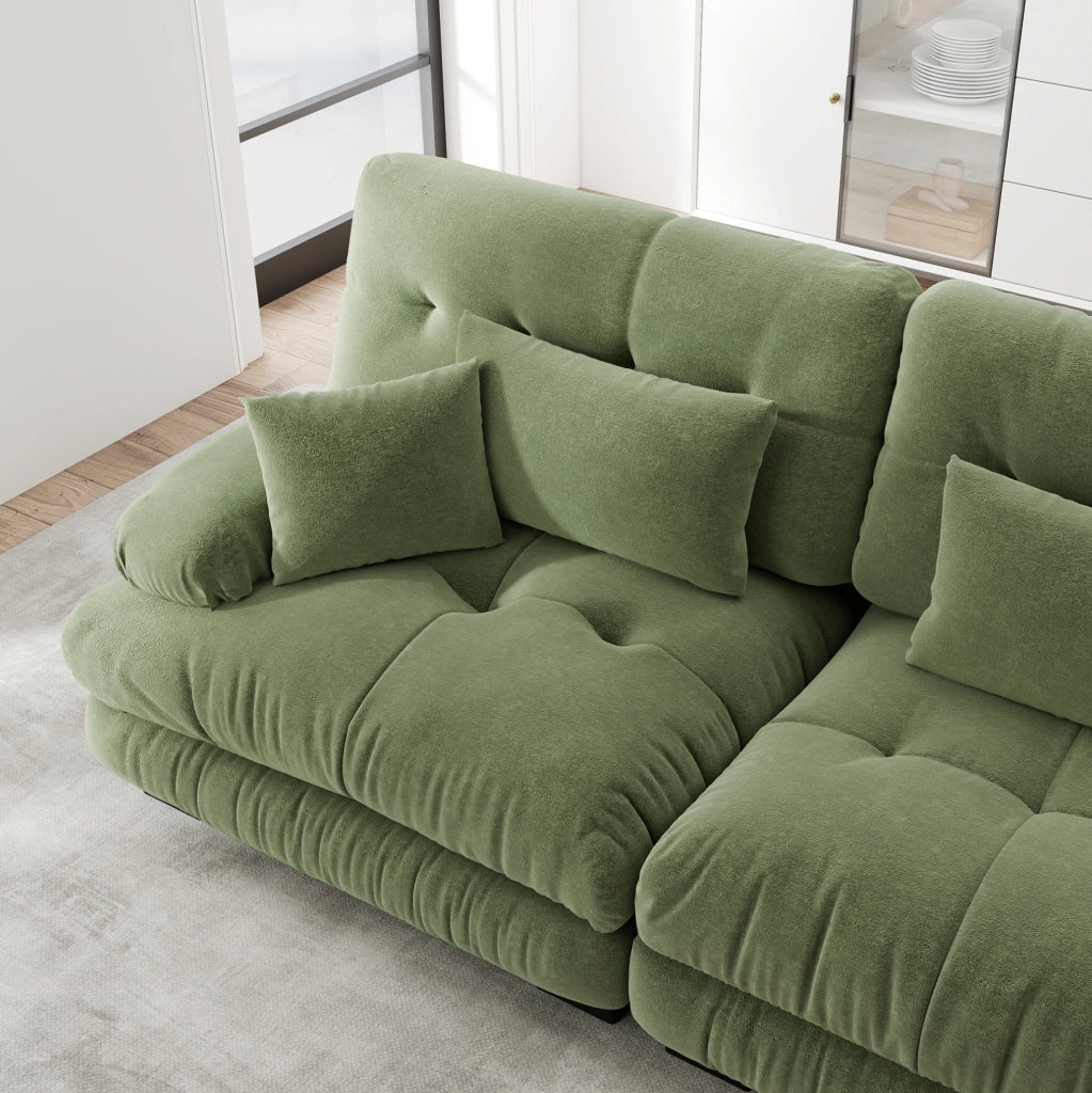 Divano modulare in chenille verde con ottomani abbinati