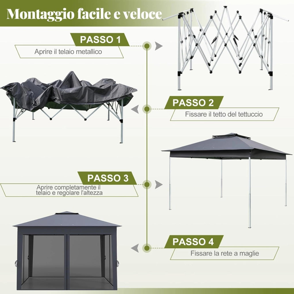 Gazebo Pieghevole 3,4 x 3,4 m con Zanzariera, Gazebo da Giardino con Tende Laterali, Tenda da Giardino Antivento Facile da Montare Resistente 210D con Borsa di Trasporto (Grigio)