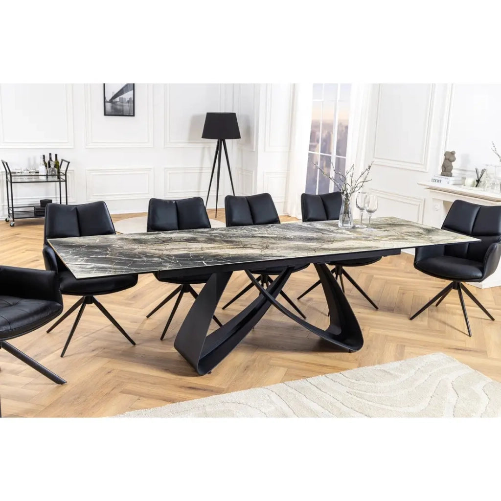 Tavolo da pranzo ZAREL – Estensibile da 180 a 260 cm – Ceramica e vetro temperato – Effetto marmo grigio talpa