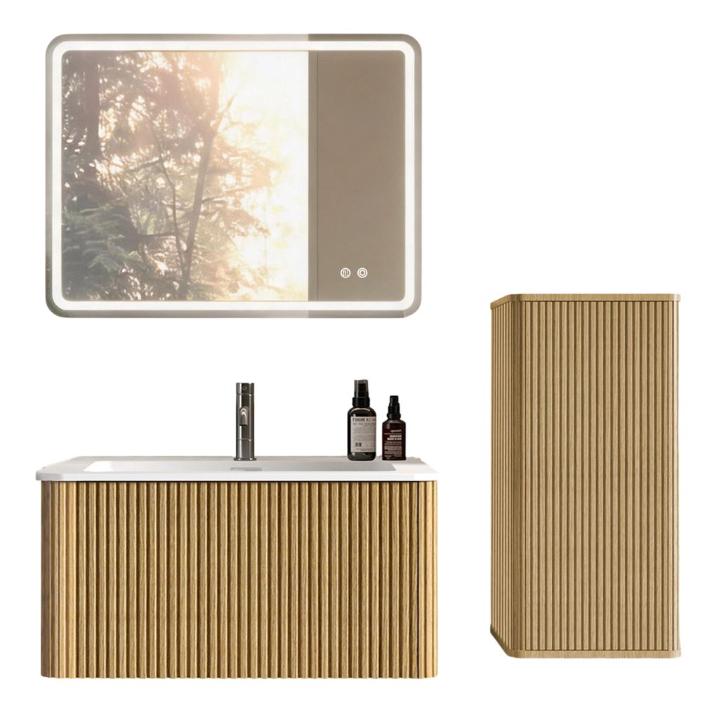 Set di mobili per soggiorno con lavabo, specchio LED e mobile laterale in MDF rovere bianco
