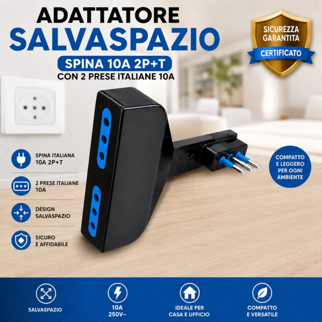 Adattatore Salvaspazio Spina 10A 2P+T con 2 Prese Italiane 10A, Bianco/Nero (Nero)