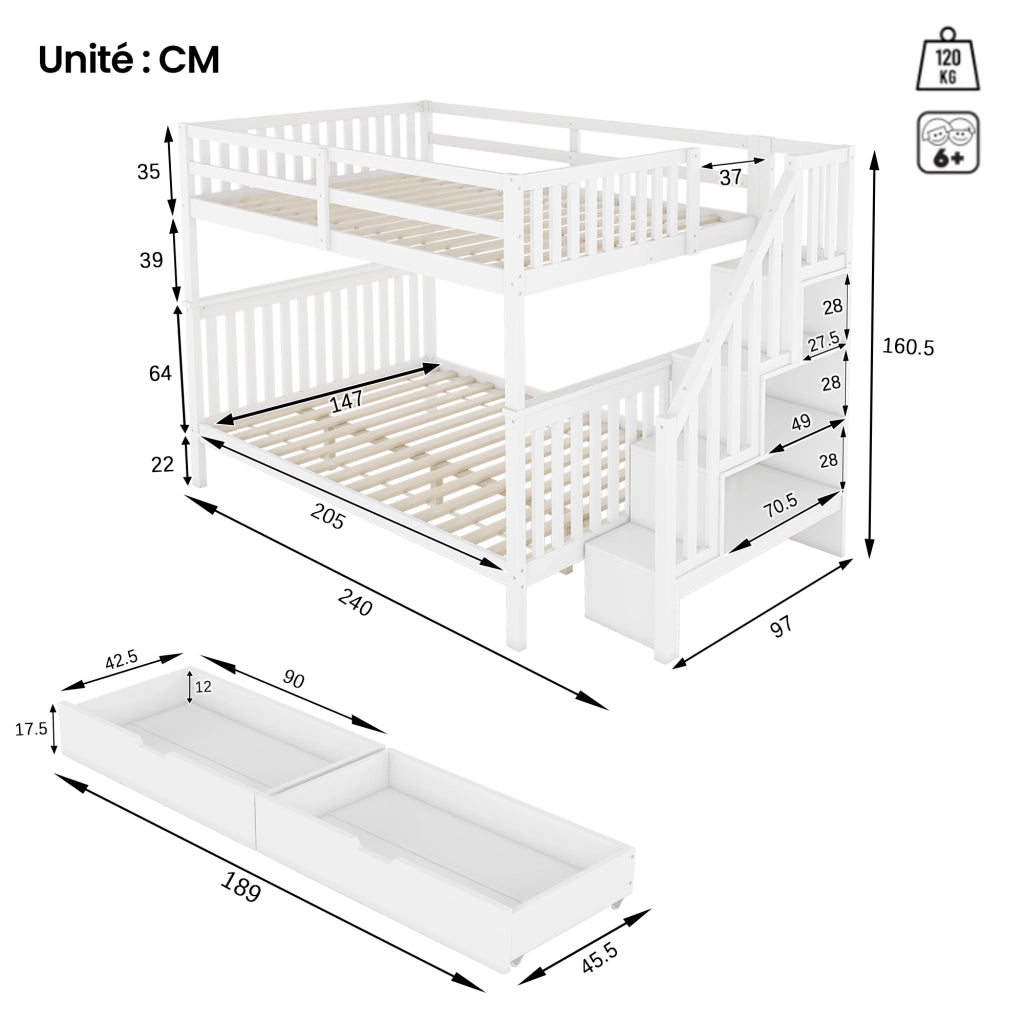 OKWISH Letto a Castello 140×200 cm, Letto Matrimoniale con Scala con Ripiani, 2 Cassetti e Sponde Alte, senza Materasso, Bianco
