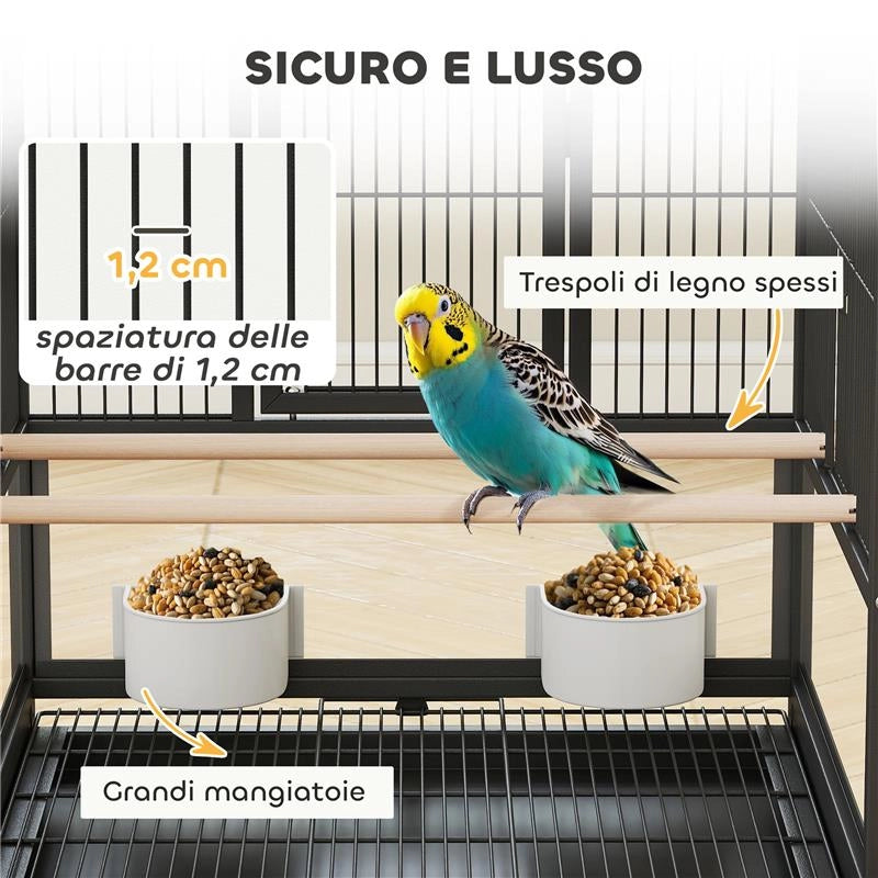 GABBIA PER UCCELLI CON RIPIANO INFERIORE, VASSOIO E GRIGLIA RIMOVIBILI, IN ACCIAIO E PP, 48X46X83 CM, NERO