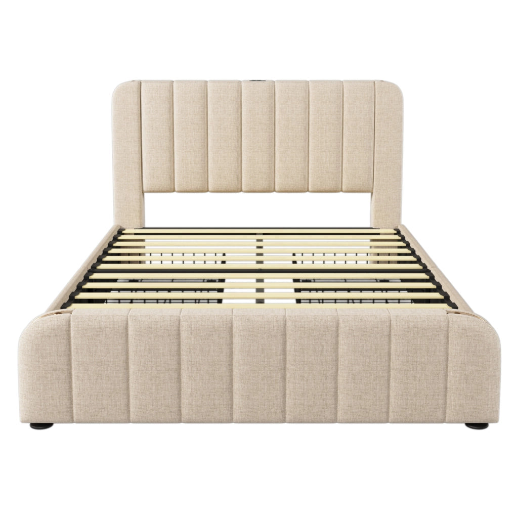 Letto matrimoniale 140x200 cm in lino beige con testiera USB Type-C e 4 cassetti