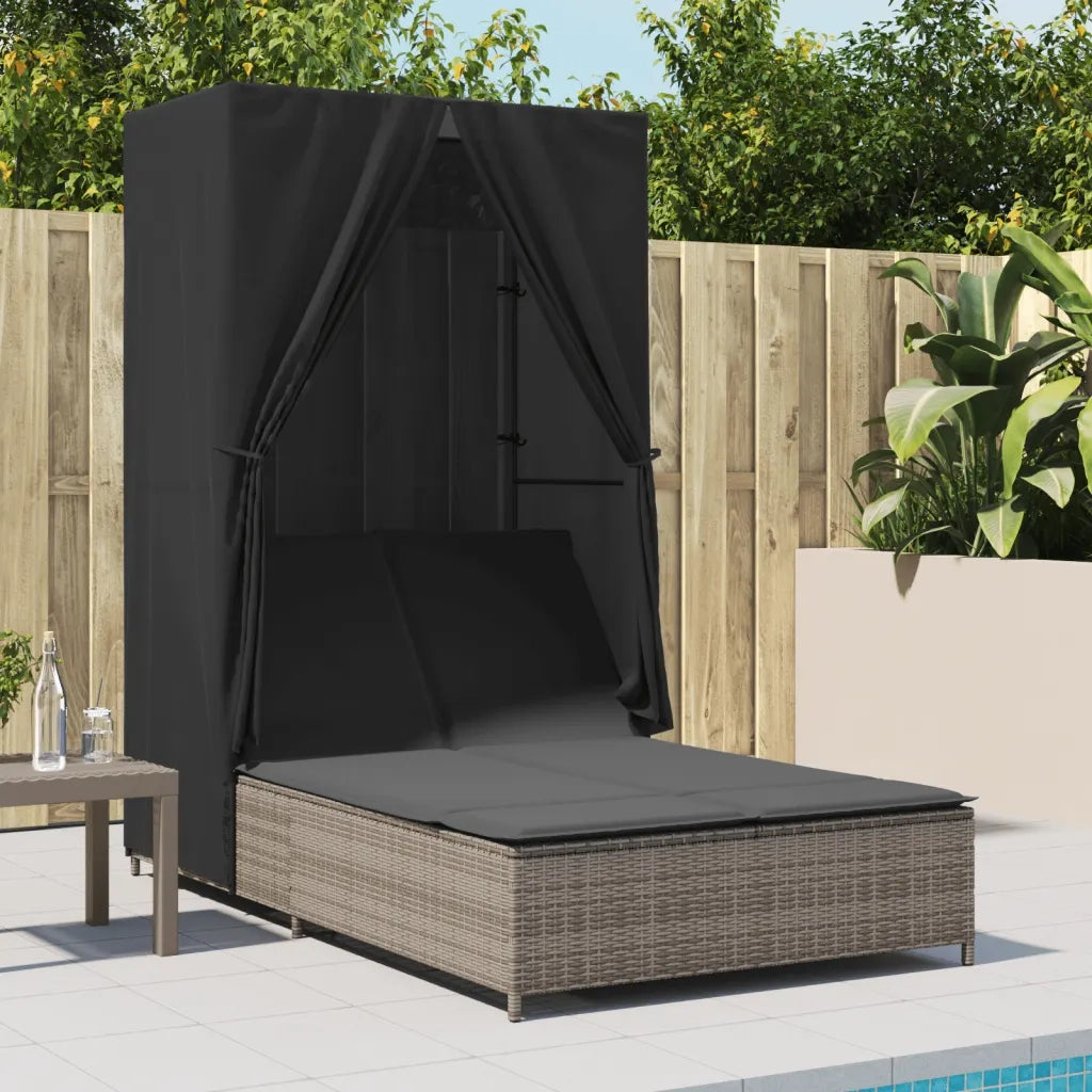 Lettino Prendisole | Sdraio da giardino | Lettino da sole Doppio Tetto e Tende Grigio in Polyrattan