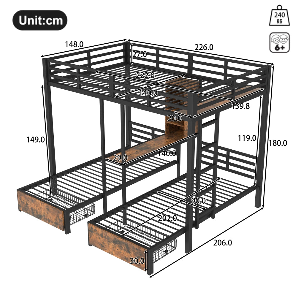 Letto a Castello 140×200 cm e 90×200 cm; 3 Posti con 2 Cassetti; Vani e Scaffali; senza Materasso; Nero