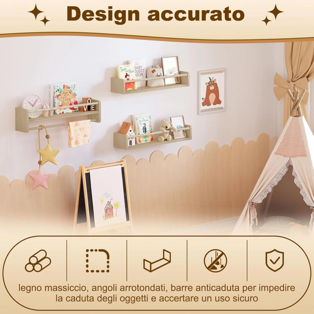 Librerie per Bambini da Parete in Legno Massello, 60 cm Set di 3 Porta Libri per Cameretta, Scaffale Libri per Bambini, Librerie da Parete Piccole con Perline