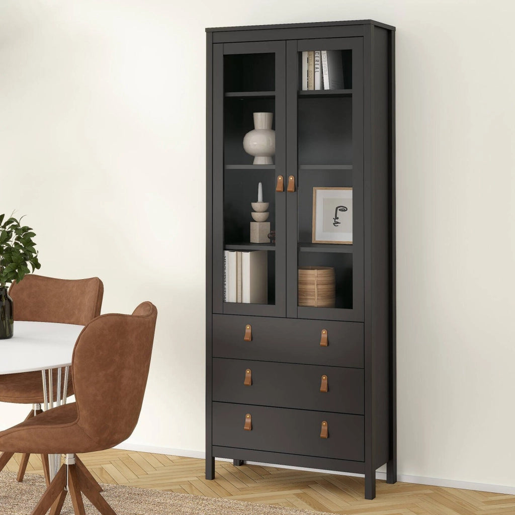 Vetrina Lazio, Credenza espositiva, Vetrinetta multiuso, Madia da soggiorno, 78x33 h199 cm, Nero