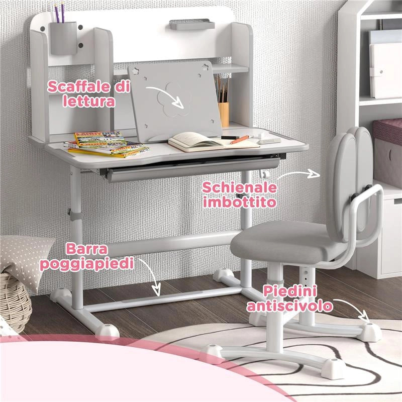 SET SCRIVANIA E SEDIA PER BAMBINI REGOLABILI BANCO SCUOLA CON PIANO INCLINABILE, CASSETTO SCAFFALE GRIGIO