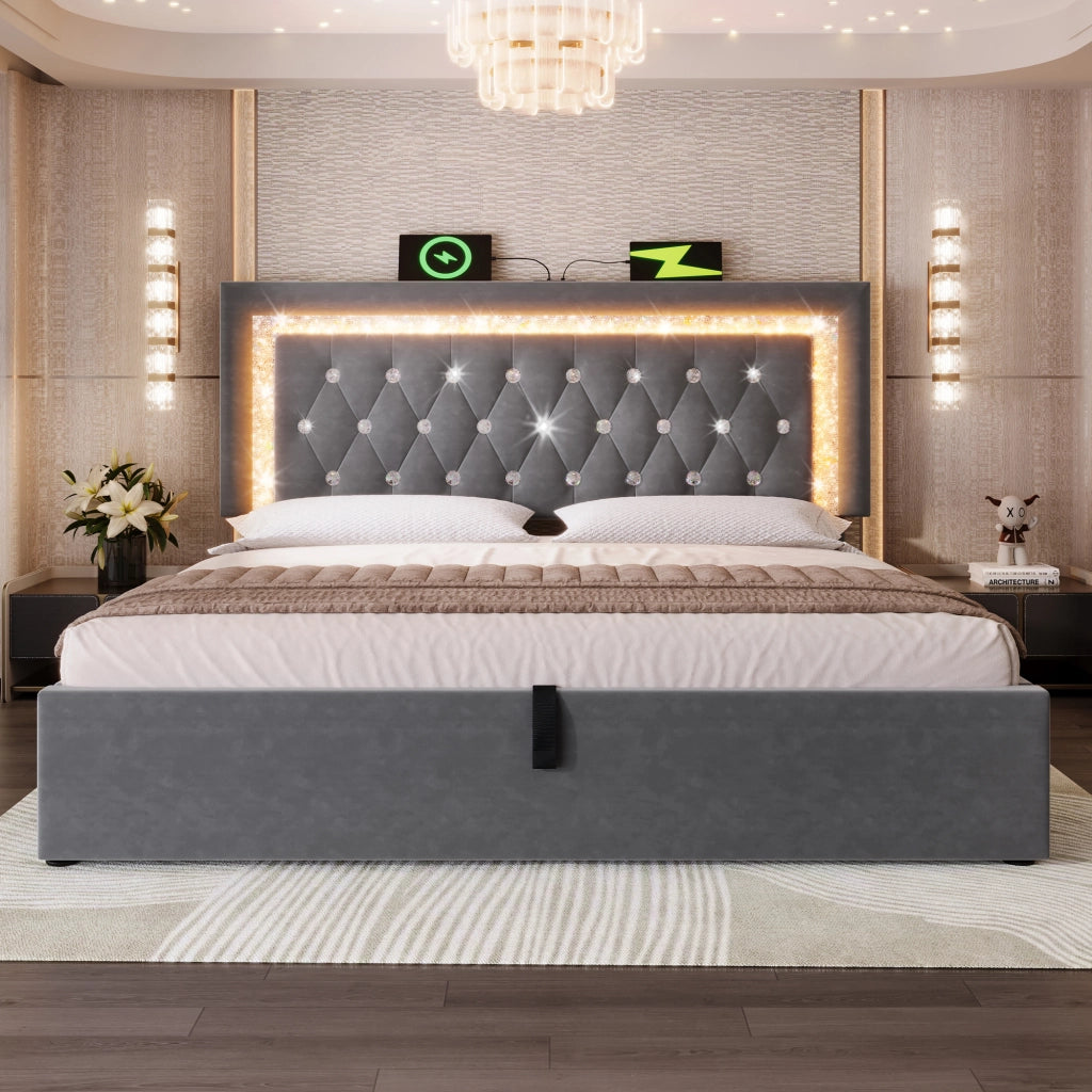 OKWISH Letto Contenitore 180×200 cm, Letto Matrimoniale con LED Regolabile, USB, Tipo C e Motivo a Losanghe, senza Materasso, Velluto, Grigio