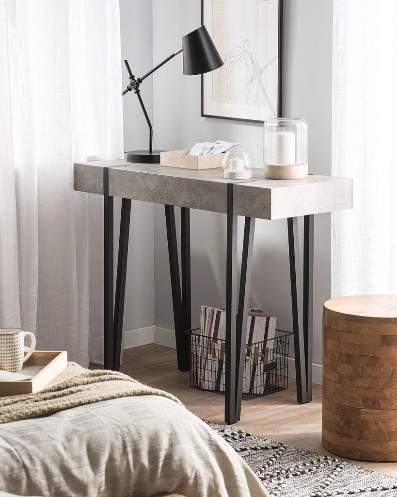 Consolle Grigio Chiaro Piano Gambe A Forcella In Metallo Nero 100 x 40 cm Stile Industriale Rettangolare