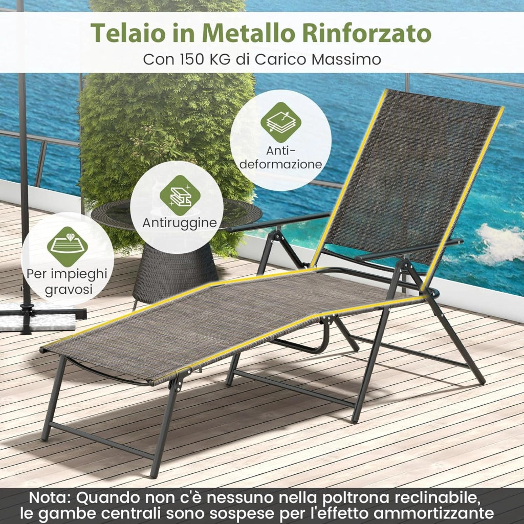 Set di 2 Lettini Prendisole da Giardino, con Schienale Regolabile, Sedia a Sdraio Pieghevole con Schienale Reclinabile, per Terrazzo Piscina Giardino, Portata 150 kg (Marrone)
