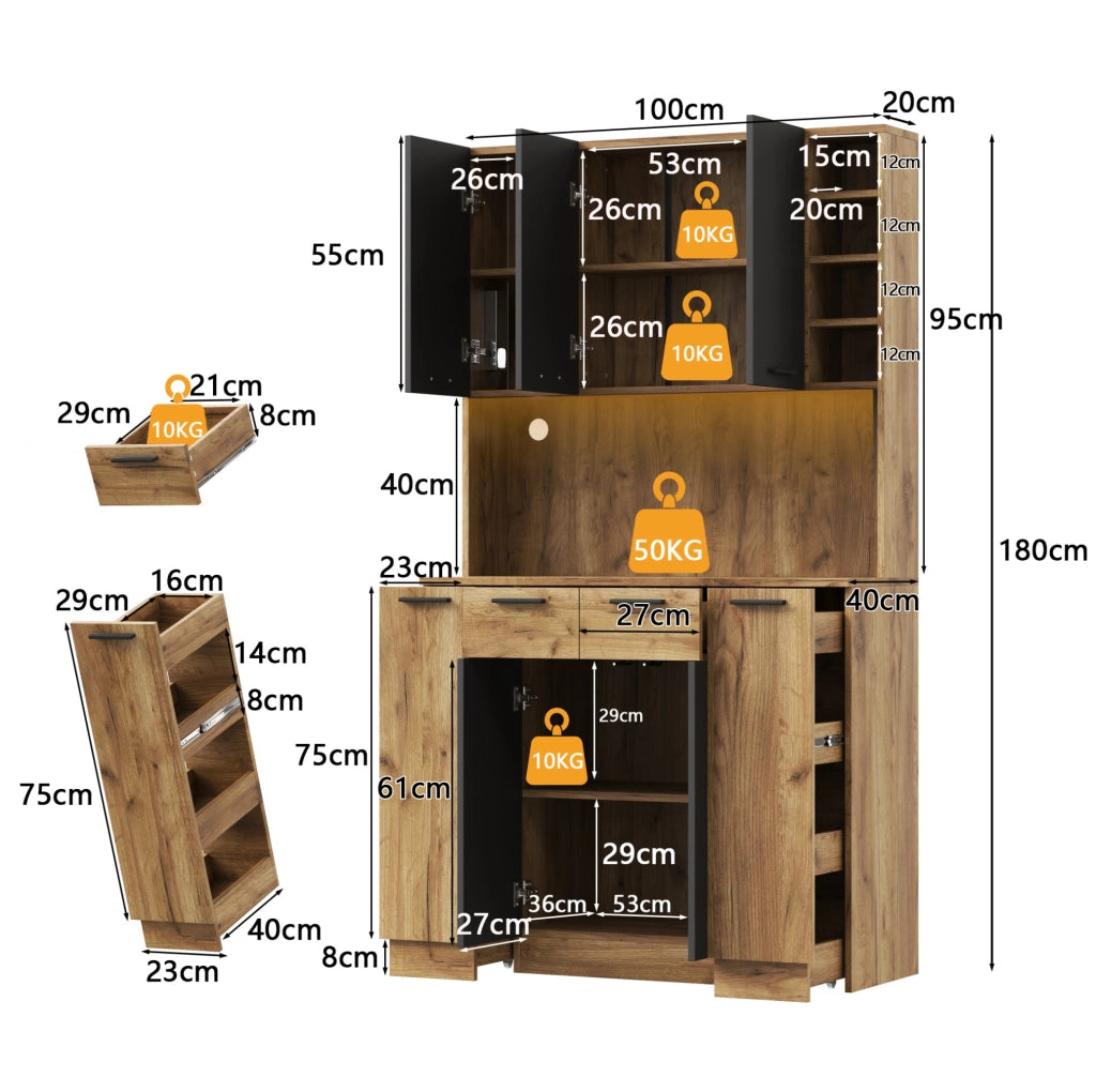 Credenza cucina multifunzione 100x40x180 cm in MDF nero e naturale con LED; prese e ripiani regolabili
