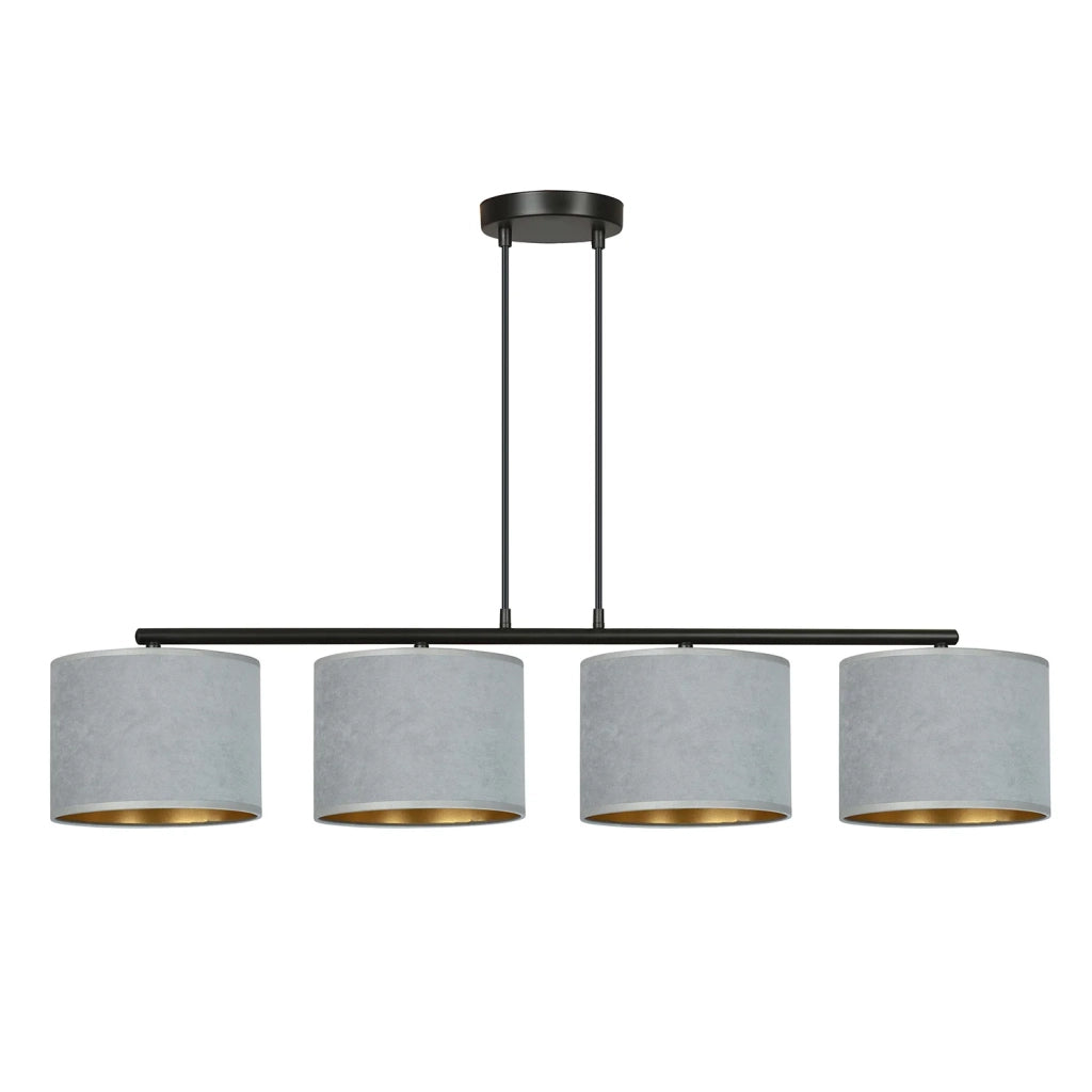 Lampadario 4 Luci Ganesha In Acciaio Nero E Paralumi In Tessuto Grigio