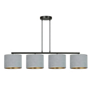 Lampadario 4 Luci Ganesha In Acciaio Nero E Paralumi In Tessuto Grigio