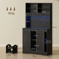 Credenza da Cucina Alta Stile Rustico con 2 Armadietti, Portabottiglie, Prese di Ricarica e Luci LED, Nero