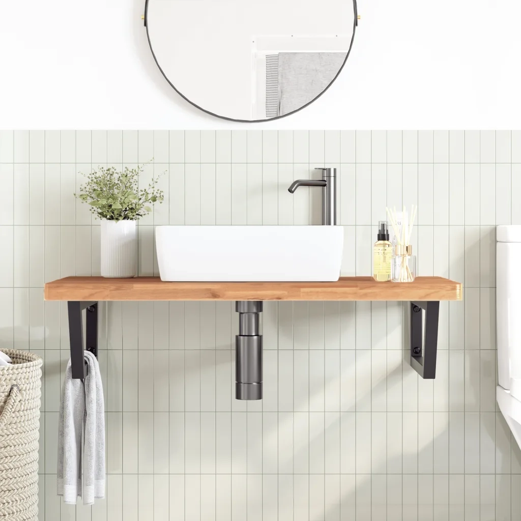Ripiano a Parete per Lavabo-Mensole a Muro in Acciaio e Massello di Faggio 482604