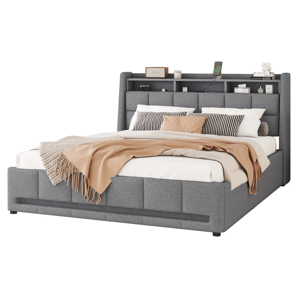 Letto imbottito 140 x 200 cm con LED APP, USB, 2 cassetti e vani contenitore, senza materasso, grigio