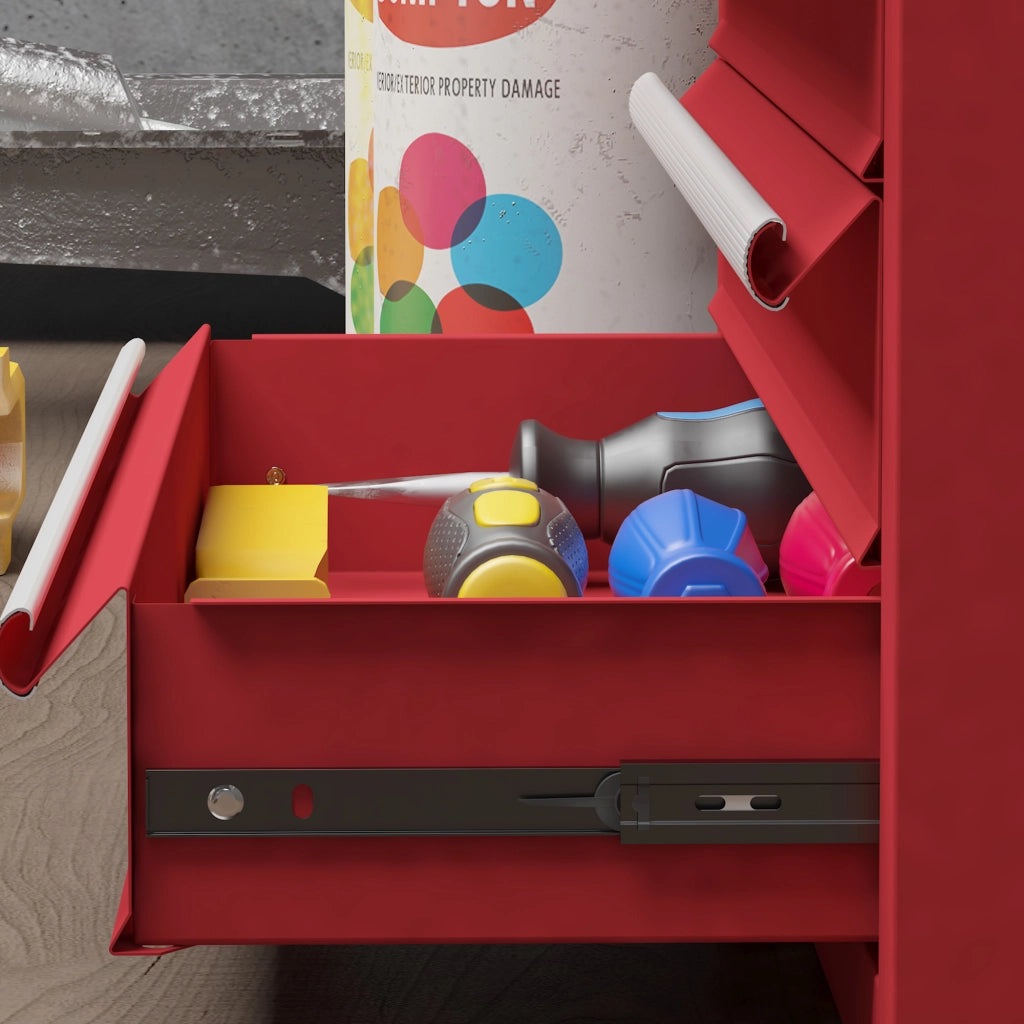 Cassettiera portautensili con 4 cassetti, vano superiore chiudibile, struttura in acciaio rosso, 51 x 22 x 39,5 cm