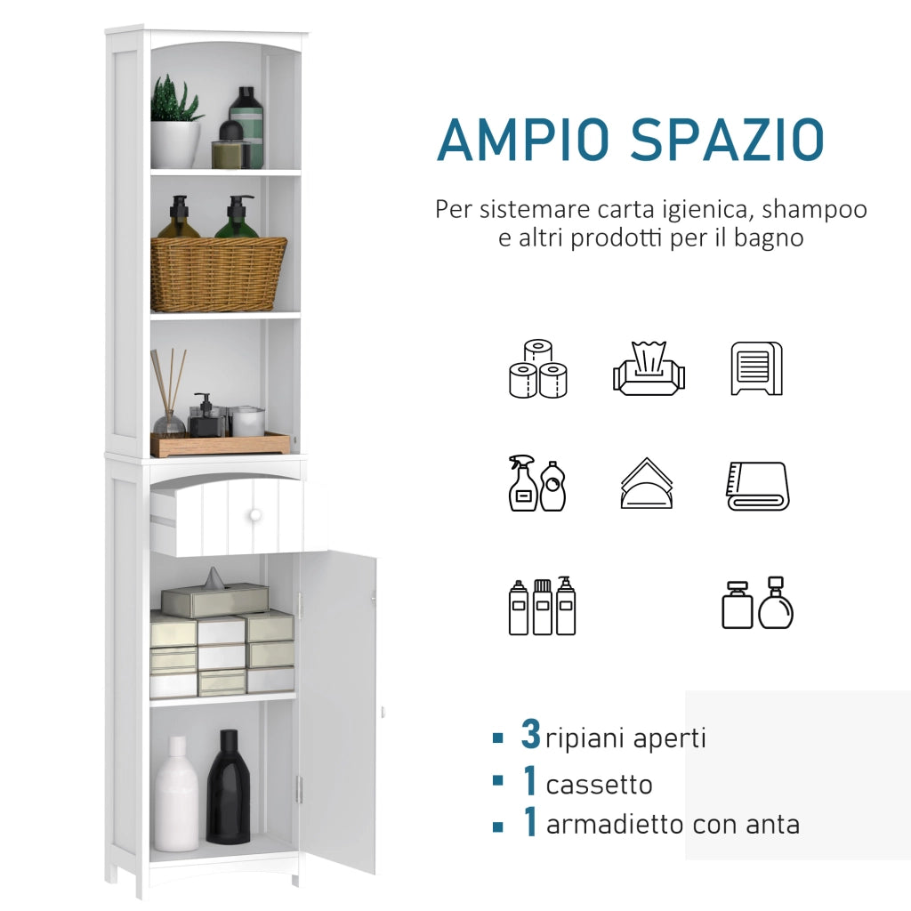 EasyComfort Mobiletto a Colonna Bagno Salvaspazio in MDF Bianco, Armadietto Bagno Multifunzione per Camera con 3 Ripiani 34x24x170cm
