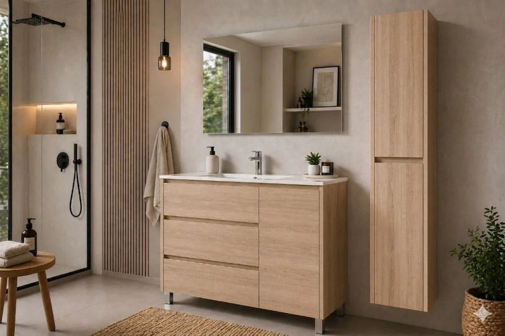 Mobile Bagno VOLUM Già Montato 3 cassetti e porta, lavabo e specchio Estepa 100x45 cm con colonna