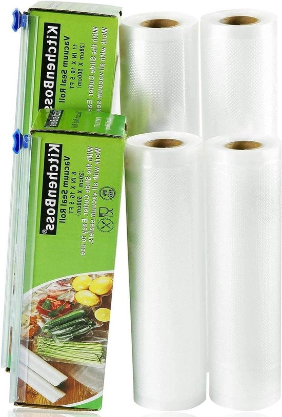 Set di sacchi a vuoto - 4 rotoli 20 cm x 5 m e 28 cm x 5 m - totale 20 m di rotoli a vuoto con 2 scatole di taglio - BPA-free - compatibile con macchina a vuoto