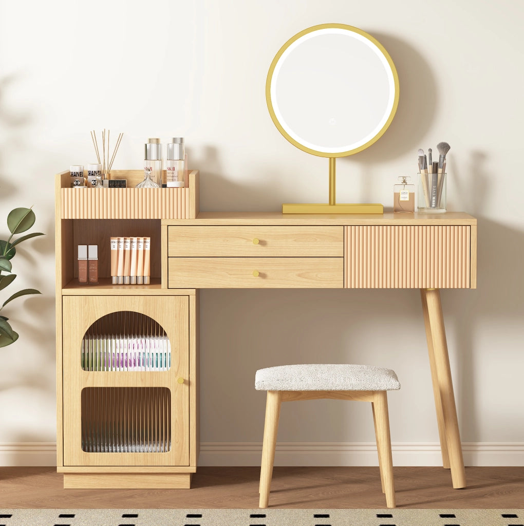 Toeletta naturale con specchio LED regolabile e mobile laterale, 120x40x90 cm