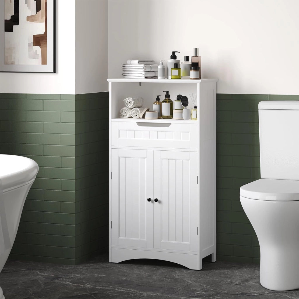 Mobiletto da bagno, mobiletto portaoggetti da bagno con 1 ripiano aperto, 1 cassetto e 1 ripiano da pavimento regolabile, per bagno, soggiorno, sala da pranzo, 60x30x108CM,Bianco