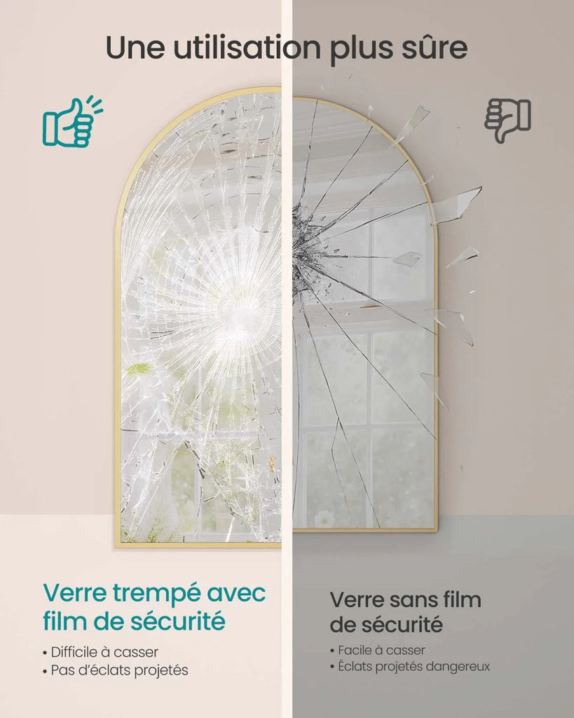Specchio da bagno specchio da parete ad arco cornice in alluminio 91 x 61 cm con pellicola di sicurezza facile da montare per soggiorno camera da letto bagno oro 12_0008047