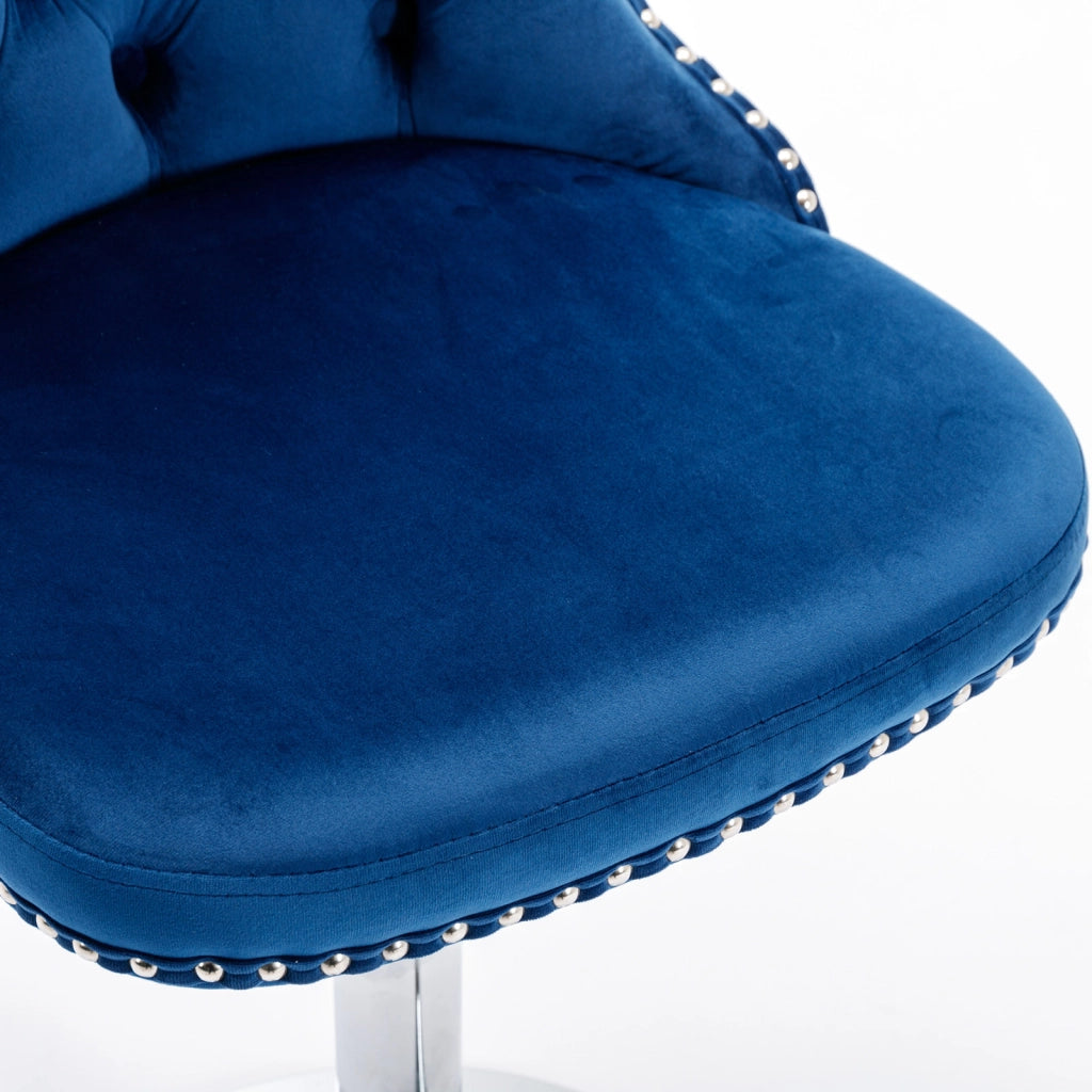 Sgabello da bar girevole regolabile con schienale e supporto lombare per cucina base cromata in velluto blu