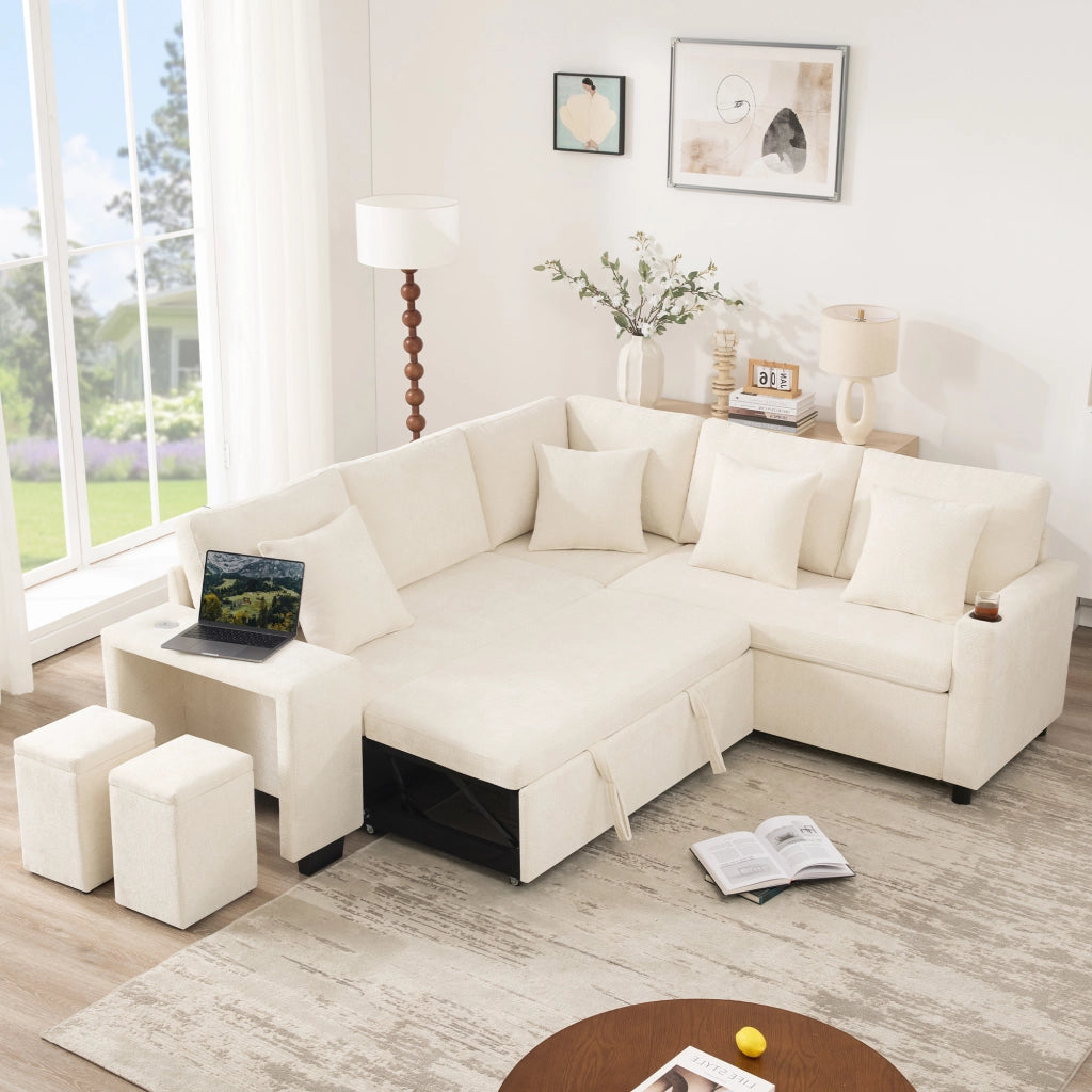 Divano Angolare Convertibile con Contenitore, Portabicchieri e USB ¨C Xylo ¨C Beige