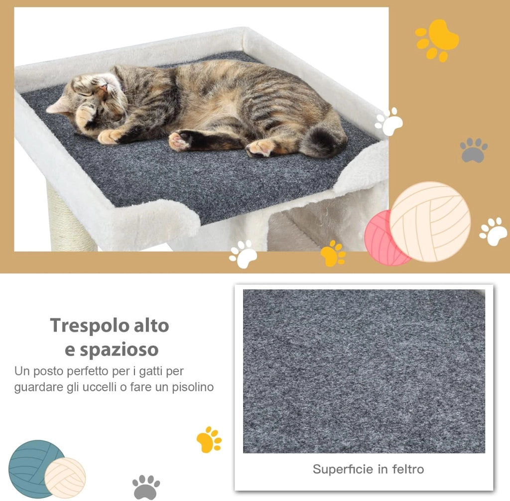 Tiragraffi per Gatti Piccoli con Cuccia, Piattaforme, Pallina e Sisal, Albero in Legno da Divano, Salotto e Camera da Letto, 42 x 42 x 80 cm
