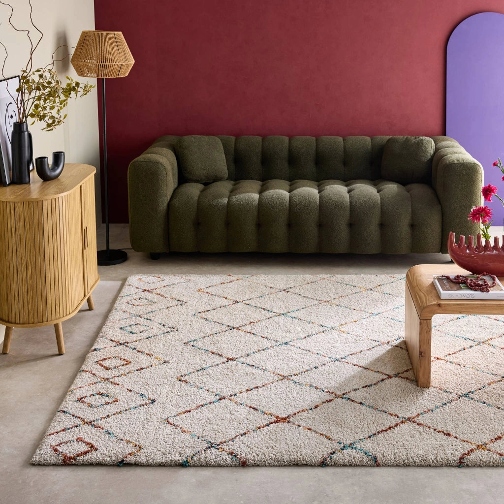 Tappeto shaggy per interni, stile berbero, crema e multicolore